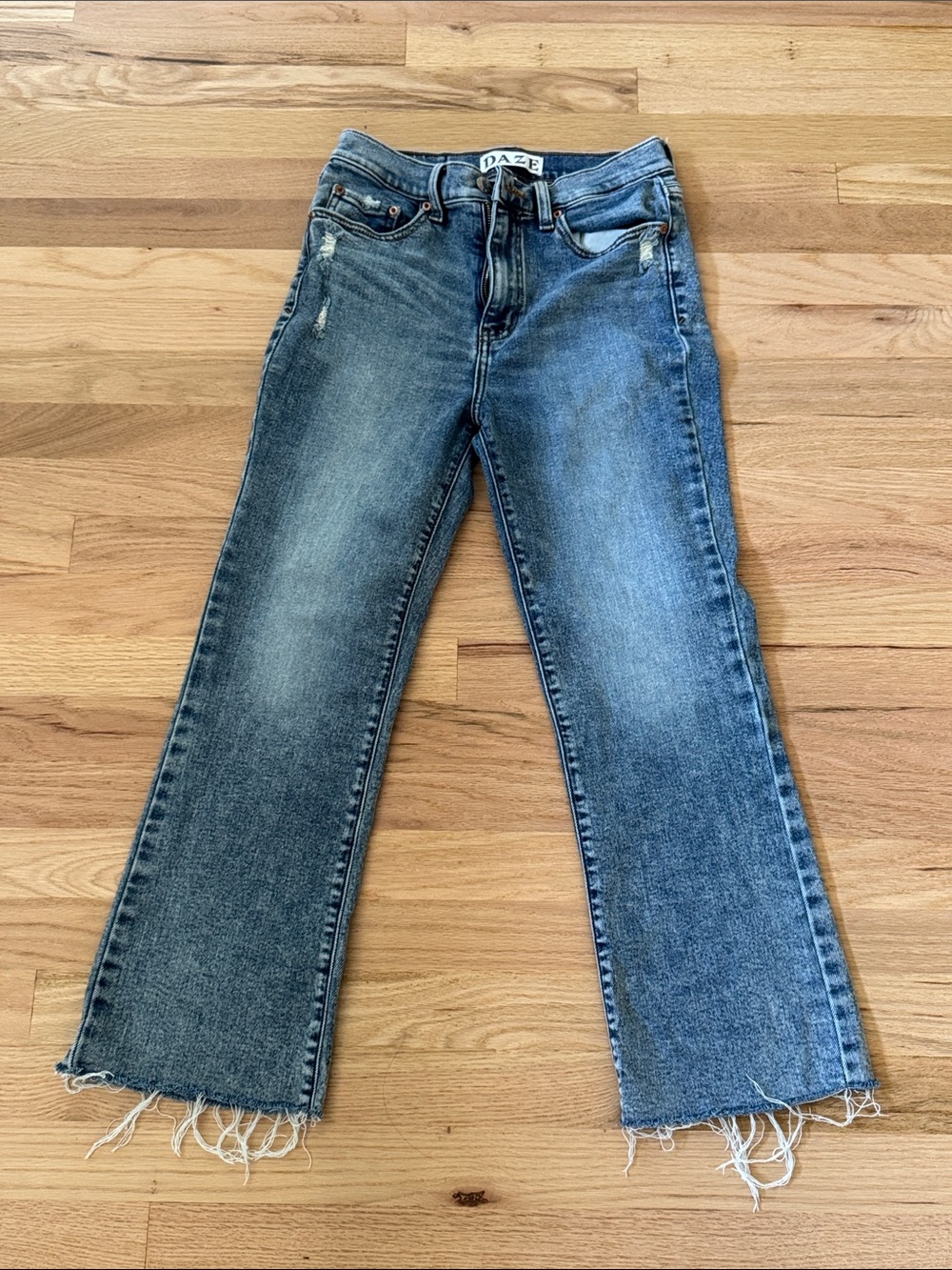 DAZE Women's Medium Blue Flare Jeans with Frayed Hem
